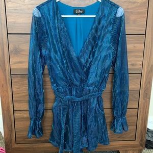 Lulus Wow Factor Blue Metallic Surplice Romper